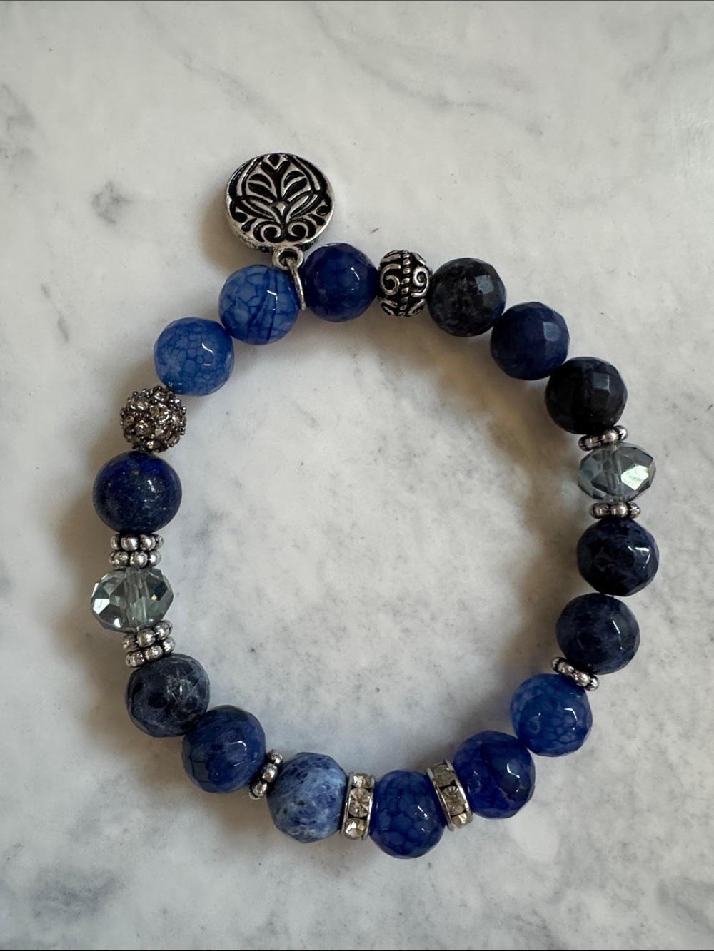 Blue Beaded Stretch Bracelet with Silver Accents
